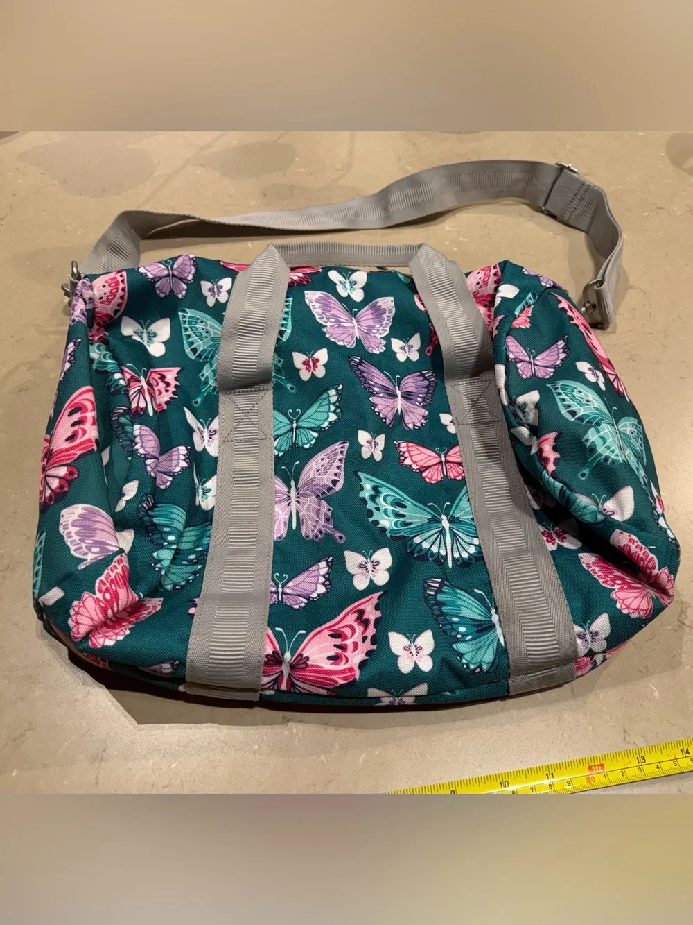 Pottery Barn Kids Mackenzie Duffel Bag Teal Butterfly Print Tote  Gray Straps